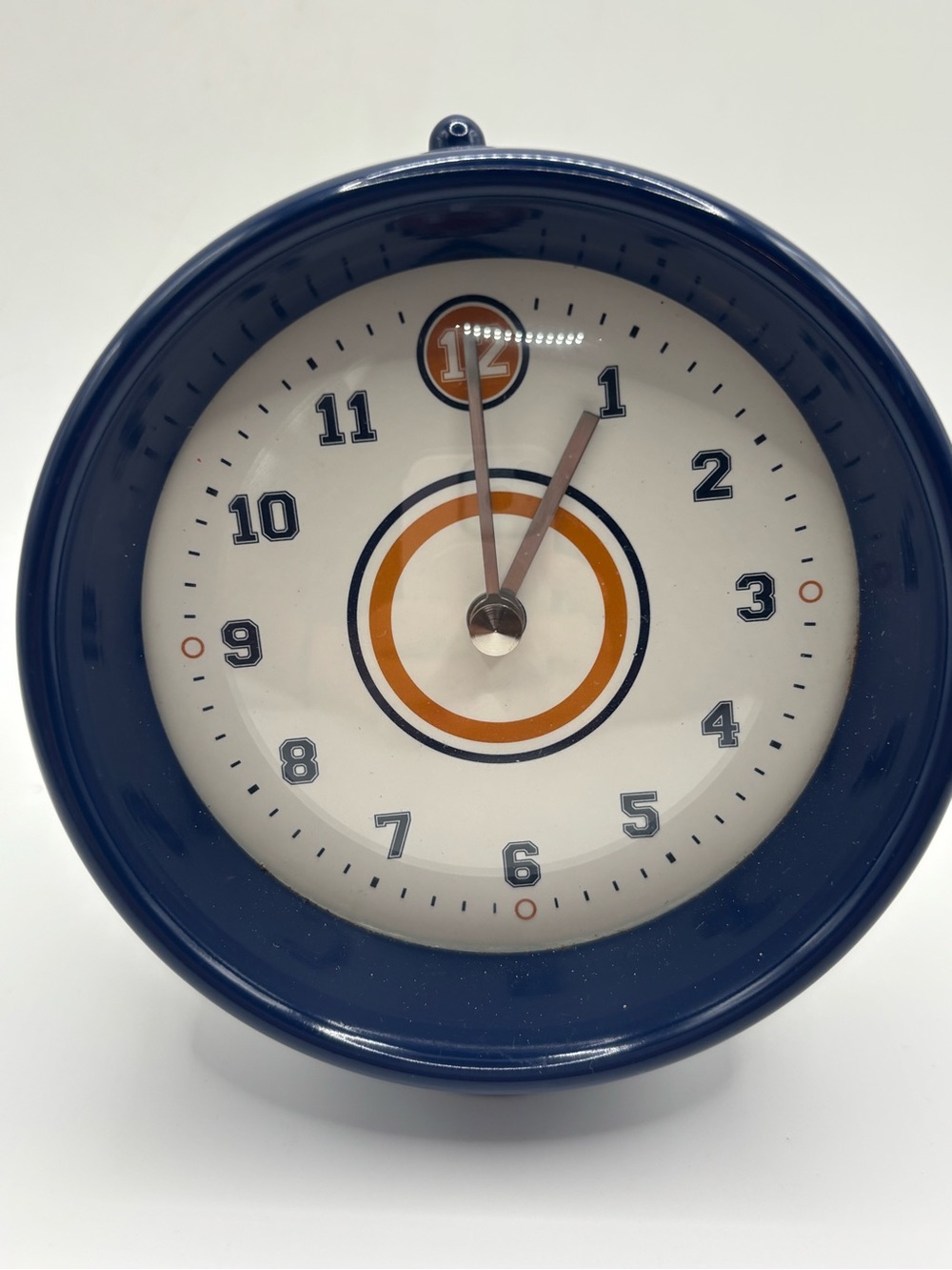 Pottery Barn Kids Retro Style Freestanding Clock Chrome Blue Trim Analog